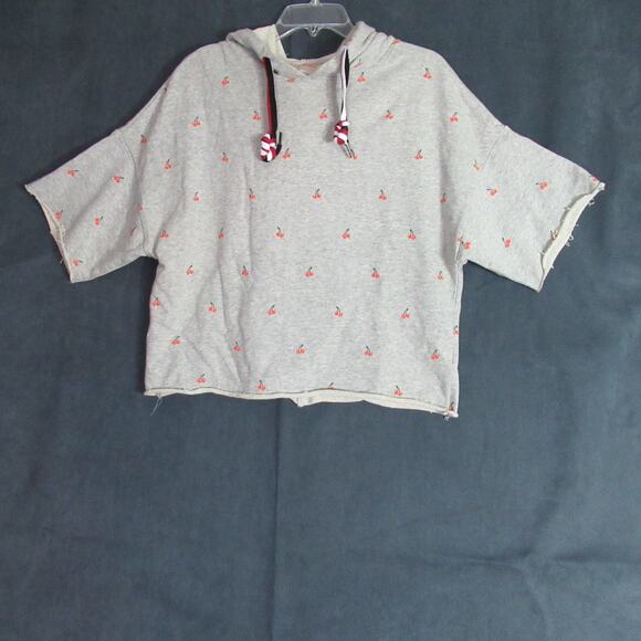 Betsey Johnson Sweatshirt Small Gray Terry Performance Cherry Cropped Hoodie - Picture 1 of 9